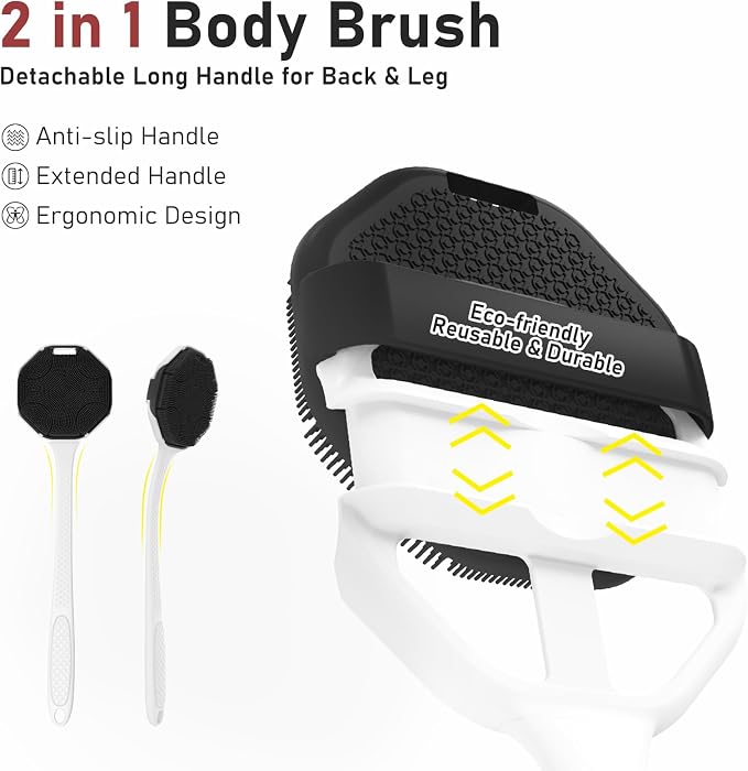 Back Scrubber for Shower 2 Pack, Silicone Body Scrubber with Long Handle, Detachable Body Wash Bath Scrubber Shower Scrub Brush -Dense Bristles Exfoliating & Lather Well for Women Men Black & Grey
