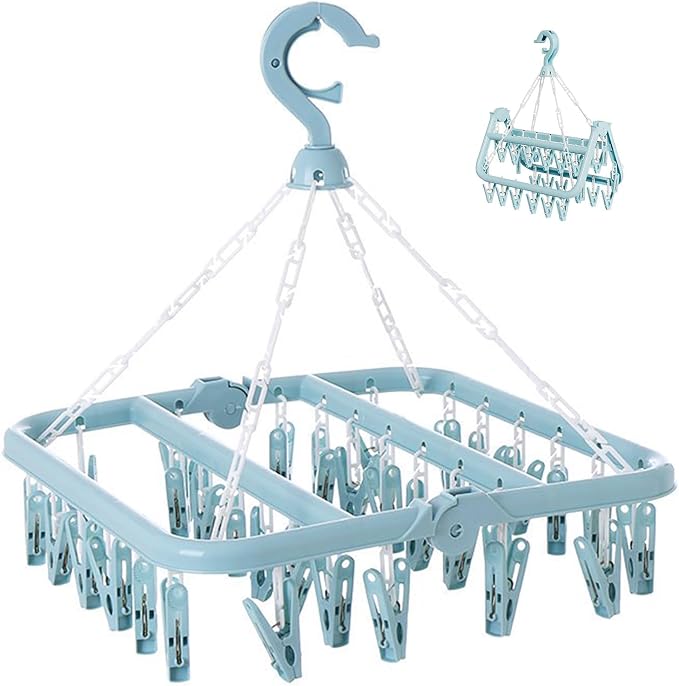 Laundry Drying Rack with 32 Clips, Foldable, Light Blue | 32 Clips, Foldable