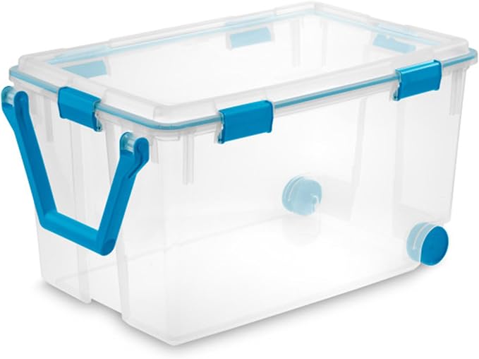 Sterilite Gasket Storage Box with Lids for Home & Office, 120 Quart, 3-Pack | Heavy-Duty, Stackable, and Organizing Containers for Bathroom, Cabinet, Closet, and Garage, Clear and Blue Aquarium Latches