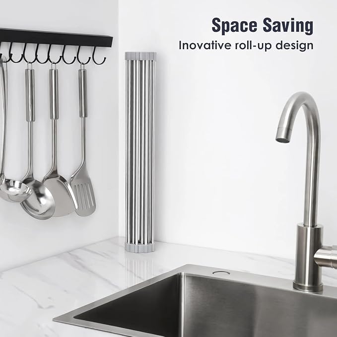 Over-The-Sink Roll Up Dish Drying Rack, 18.5" x 13.5" Foldable Stainless Steel Dish Drainer Mat, Sink Cover & Heat-Resistant Kitchen Organizer (Grey)