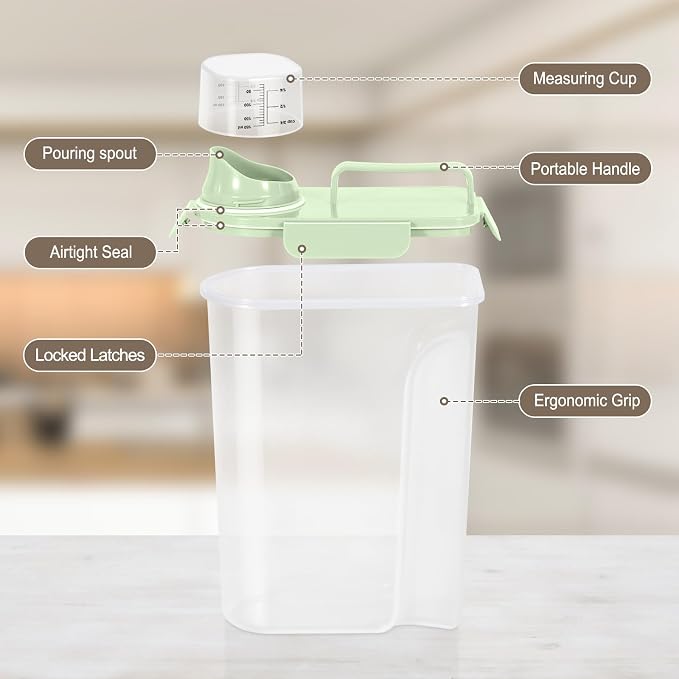 TBMax Airtight Rice Container 10 Lbs, Cereal Dispenser, Pet Cat Dog Food Storage Container, Plastic Kitchen Pantry Food Storage Holder with Cup -Light Green