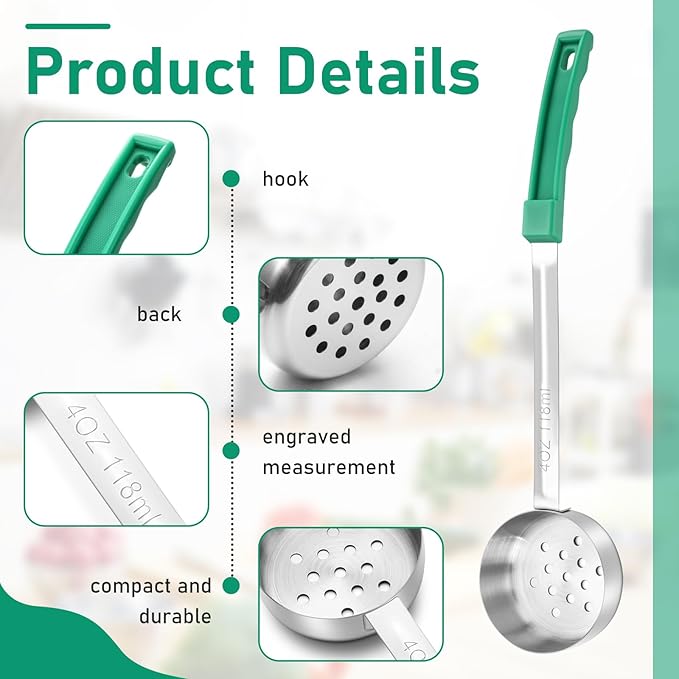 Teenyyou 2 Pcs Portion Control Serving Spoons, Restaurant Measuring Serving Ladle Utensils, Portion Spoons for Weight Loss, Kitchen(Green,4 oz,Slotted)