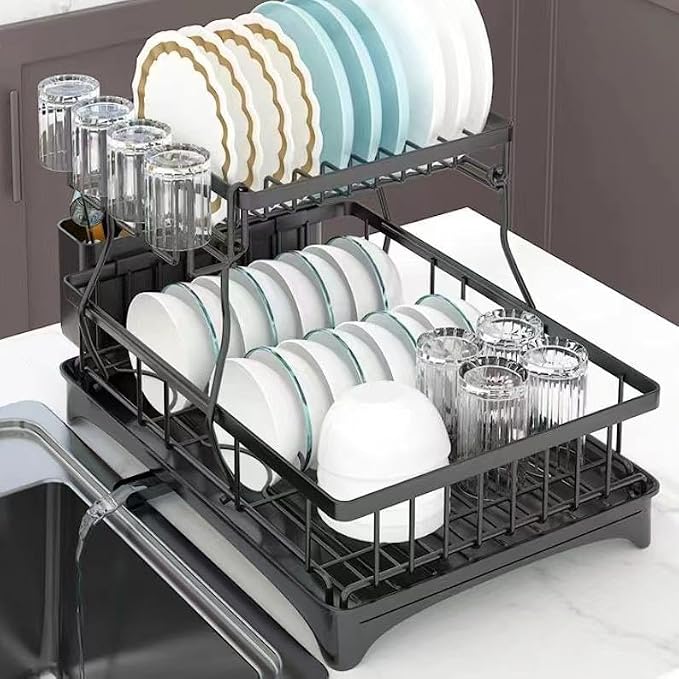 2 Tier Dish Drying Rack Stainless Steel with Auto Drainboard 360° Swivel Spout Large Capacity Kitchen Counter Organizer with Utensil Holder Cup Rack Knife Block Space Saving Black