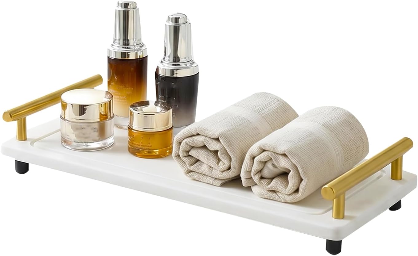 Instant Dry Sink Caddy Organizer,Diatomaceous Earth Bathroom Organizer with Handle Water Absorbing Stone Tray for Sink Water Absorbent Diatomite Coasters (L White Gold Handle)