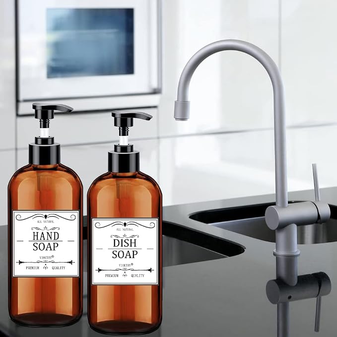 Soap Dispenser with Rust Proof Pump, Waterproof Labels (2 Pack,16 Oz) Bathroom, Plastic Hand Dish Soap Dispenser for Kitchen, Premium Thick Soap Pump Bottles (Amber)