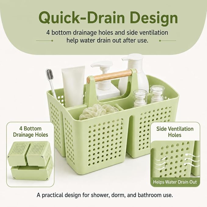Portable Shower Caddy Basket with Wood Handle, 3-Compartment Bathroom Organizer Tote with Drain Holes, Plastic Shower Basket for Dorm, Toiletries, Cleaning Supplies,Grass Green