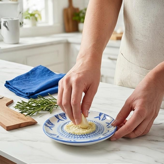 Handcrafted Ceramic Garlic Grater Plate 4-Pc Set, 4.72" Handmade Porcelain Grinding Dish with Wooden Boar Bristle Brush & Textured Silicone Peeler, Ocean Blue Hand-Painted Fish