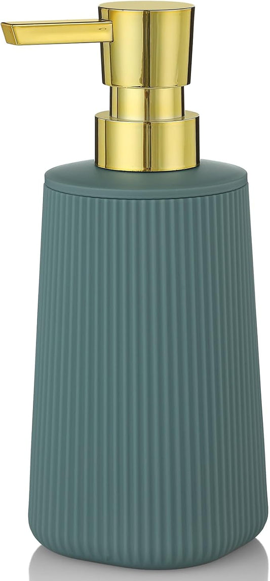 YAUKPH Small Soap Dispenser for Bathroom and Kitchen Matte Green and Gold | Modern Farmhouse Striped Style Plastic Hand Soap Dish Soap Dispenser with Pump