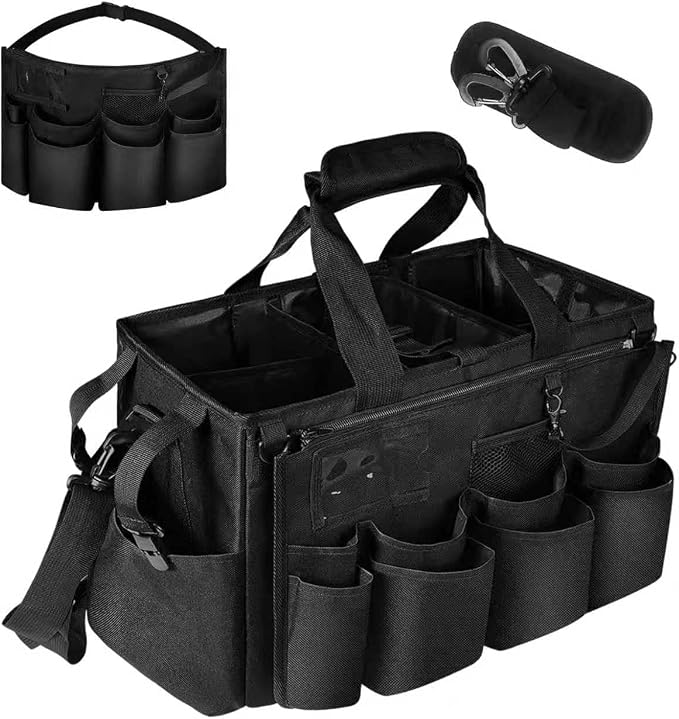 Compact Wearable Cleaning Supplie Bag with Handle Shoulder Straps | Black Cleaner Caddy, Nylon Wear Resistant & Durable, Multiple Pockets Well Organized for Housekeepers, Horse, Cleaners