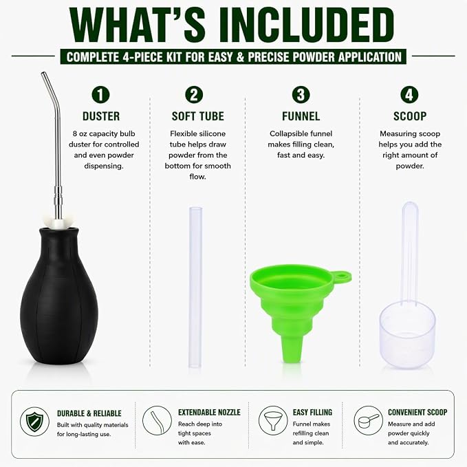 Diatomaceous Earth Powder Duster, 8 oz Bulb Applicator with 5–22 in Extendable Metal Nozzle, Threaded Leak-Resistant Seal, Powder Dispenser with Funnel and Scoop for Indoor, Outdoor and Garden Use