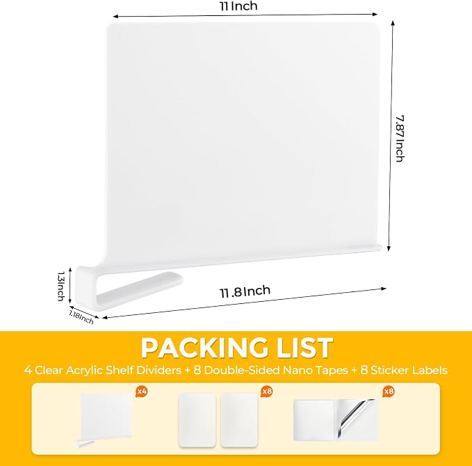 White Acrylic Shelf Dividers for Closets Organizer & Storage,8 Pack | Adjustable Vertical Wood Shelf Closet Separators, Keep Clean, for Clothes,Book,Bags, in Bedroom and Kitchen