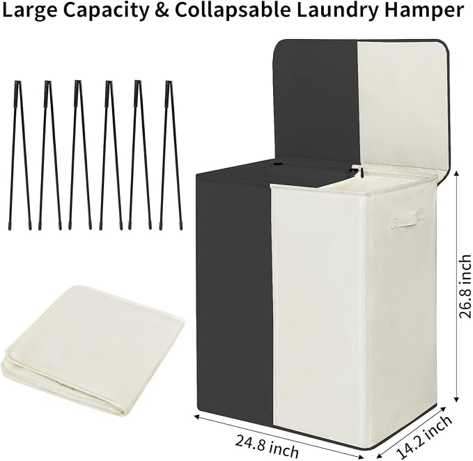 WOWLIVE Double Laundry Hamper with Lid, 154L Large Laundry Basket Organizer | Collapsible Dirty Clothes Hamper 2 Section, with Removable Laundry Bags for Laundry Room, College Dorm, Black and Beige