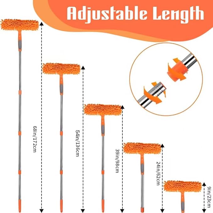 68'' Window Squeegee Cleaner Kit - 2-in-1 Rotatable Window Cleaning Tool with Extension Pole, Professional Streak-Free Squeegee with Bendable Head for Indoor/Outdoor Windows Car Glass (Orange)