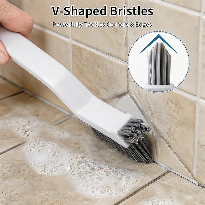3-in-1 Grout Brush and Crevice Cleaner,with V-Shaped Bristles & Hair Clip-Multi-Surface Gap Cleaning Tool for Bathroom Tiles,Kitchen,Window Tracks,and Narrow Corners (White)