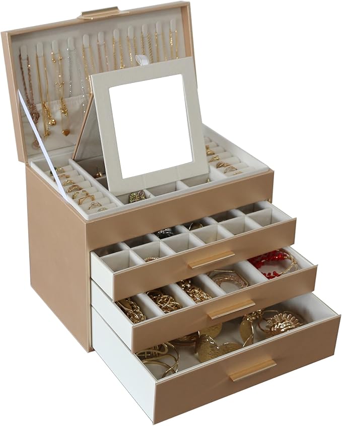 BOOVO Jewelry Boxes for Women, White and Black 6 Layer Large Jewelry Box for Necklace, Bracelet, Earrings, Rings Storage, Jewelry holder Organizer for Girls Gift (Champagne, 5 Layer)