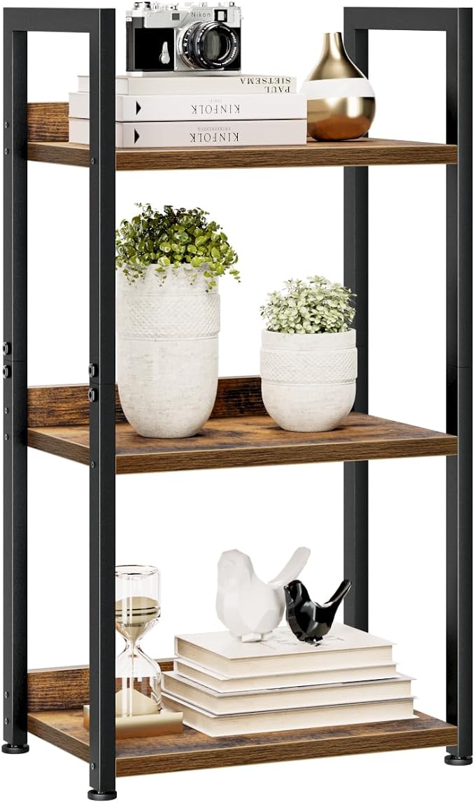 NUMENN Narrow Bookshelf, 3 Tier Freestanding Shelving Unit, Vintage | Small Book Shelf for Small Spaces, Metal Frame & Wood Shelves, Falling Prevention Baffle, Bookcase for Bedroom&Home Office