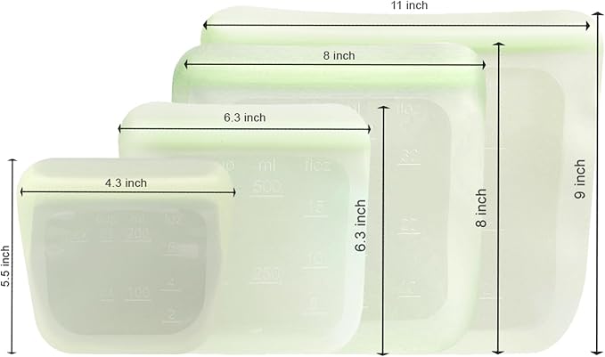 purifyou Set of 4 Reusable Silicone Storage Snack Bags 6oz / 16oz / 32oz / 64oz Self-Seal Food Storage Container for Fruits, Vegetables, Sandwiches, Dishwasher Safe & Leak-free (LimeCream)