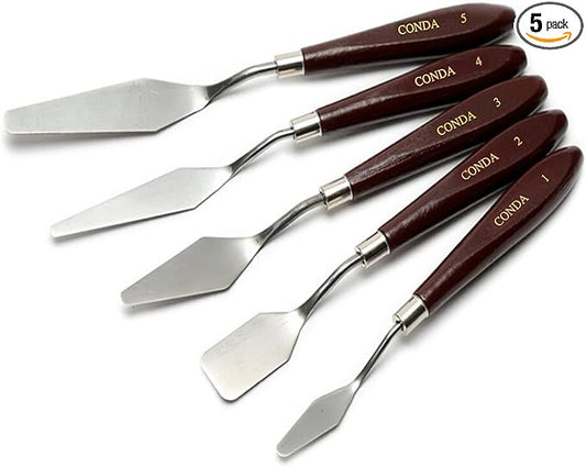 CONDA Palette Knife Painting Stainless Steel Spatula Palette Knife Oil Paint Metal Knives Wood Handle (Red 5 Piece)