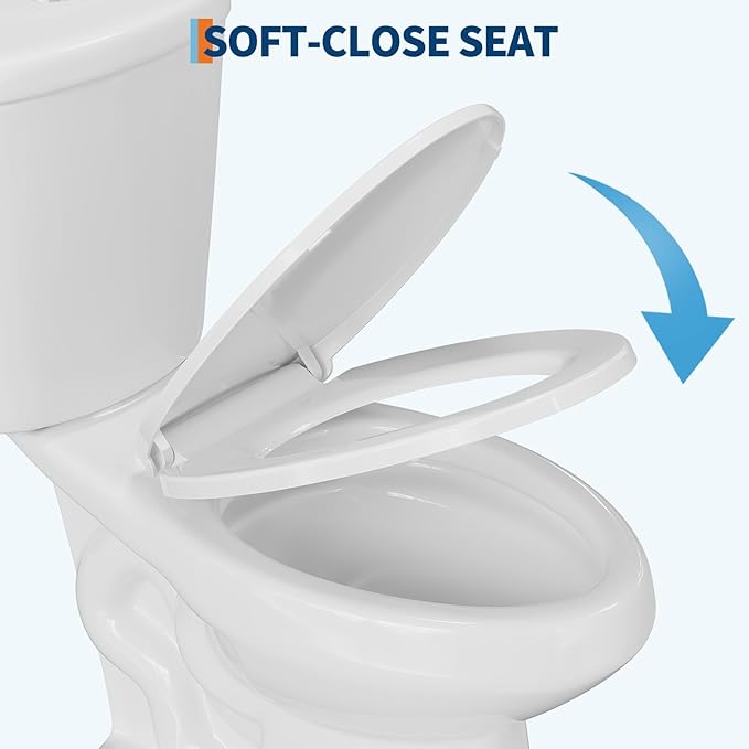 Two Piece Toilet, 17" Elongated with Upgraded Flushing, Dual Flush Buttons (Top Mounted), Includes Soft-Close Seat & Hardware, White, 12" Rough-in