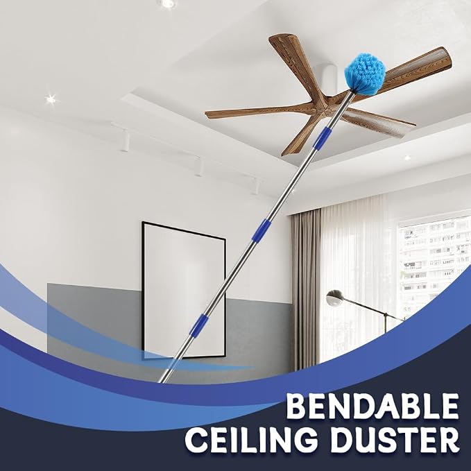 Extended Reach Cobweb Duster with 8-Foot Pole - Medium Bristle Brush for Ceiling, Wall, and Indoor/Outdoor Cleaning, Lightweight Stainless Steel (8 FT)