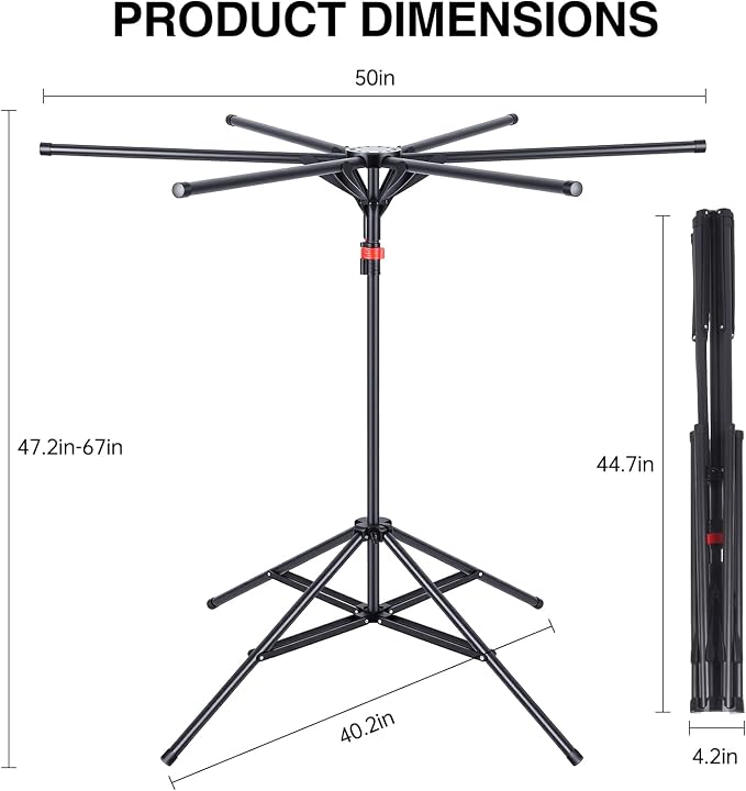 4-Leg Clothes Drying Rack with 6 Adjustable Poles, 20 Windproof Hooks and 2 Sock Clips Foldable Laundry Drying Rack, Space-Saving Indoor/Outdoor Clothes No-Installation Drying Stand, Black