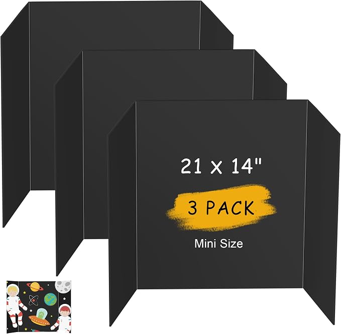 HAUTOCO 3 Pcs Small Trifold Poster Board 21'' x 14'' Project Boards | Corrugated Tri Fold Presentation Boards for Science Fair, School Projects, Event Displays & Business Presentations, Black