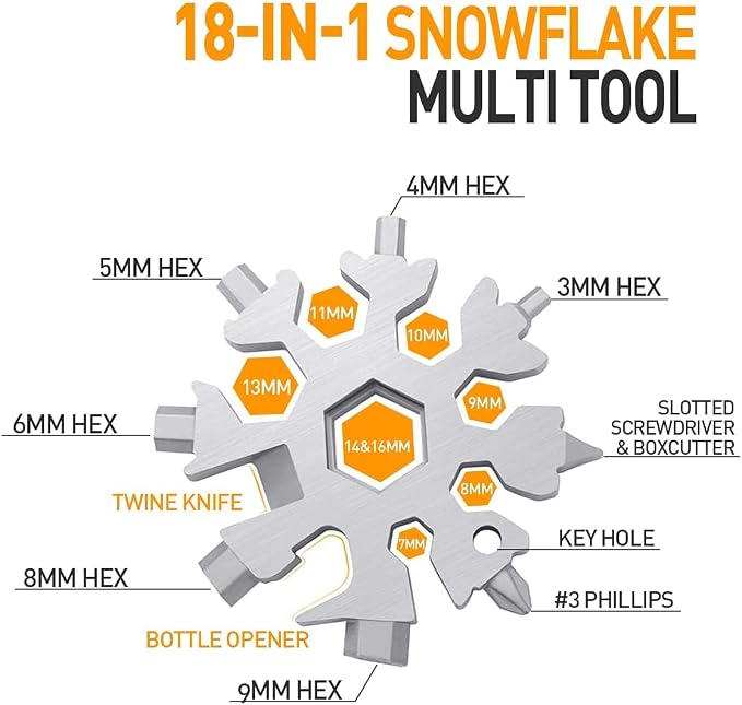 Gifts for Men 18-in-1 Snowflake Multitool, Anniversary Birthday Gift Silver | Snowflake Tool, Camping Accessories Cool Gadgets Tools, Gifts for Men Dad Husband Him Grandpa, Christmas Stocking Stuffers
