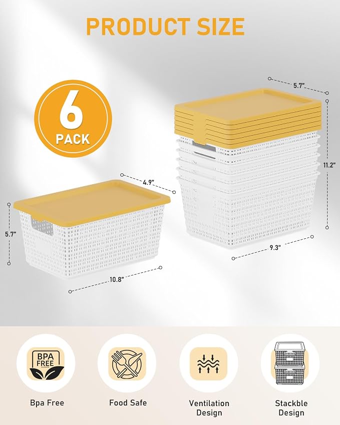 EOENVIVS Storage Bins Bakets with Lids 6 Pack, Stackable Organizer Bins for Small Spaces, Pantry, Closet & Bathroom, Secure Snap Lids, 11x7x5 Plastic Storage Containers for Shelf Organization, White