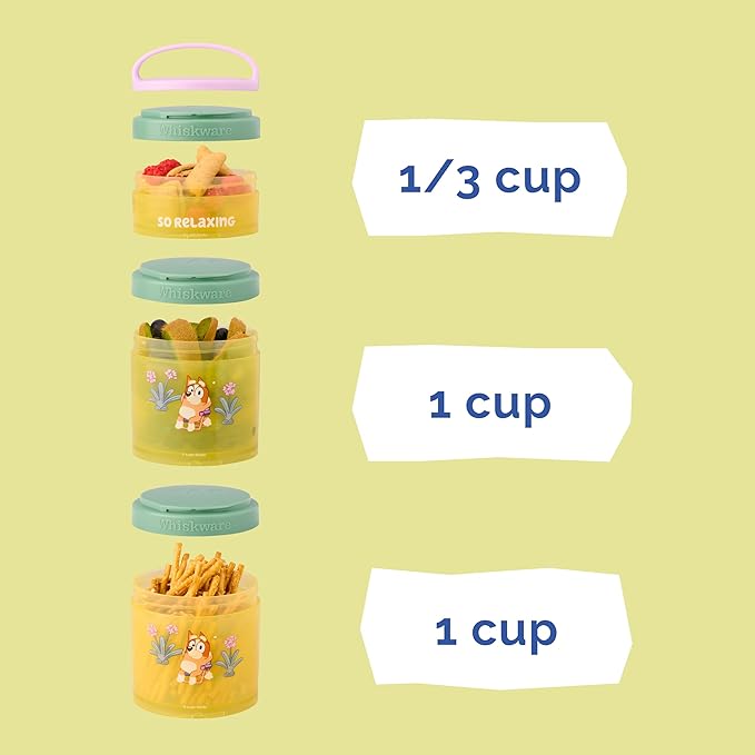 Whiskware Bluey Stackable Snack Containers for Kids and Toddlers, 3 Stackable Snack Cups for School and Travel, Bluey and Bingo, So Relaxing! (Pack of 12)