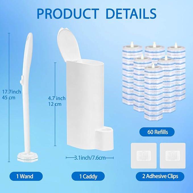 Disposable Toilet Brush and Holder Set, 60 Pre-Filled Refills, 5X Powerful No-Shed Pads, 360° Deep Toilet Bowl Clean, Toilet Bowl Cleaners with Storage Caddy & Adhesive Hooks