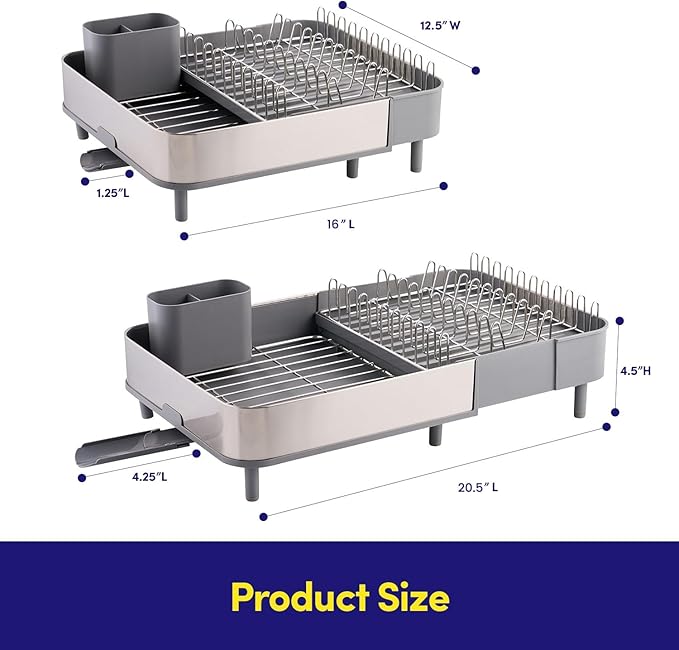 Dish Drying Rack Countertop Expandable Dish Drainer — Up to 20.5" Telescoping Premium Extending Drying Station Organizer with Drainboard, Removable Utensil Holder — Dish, Silverware & Cup Storage Gray