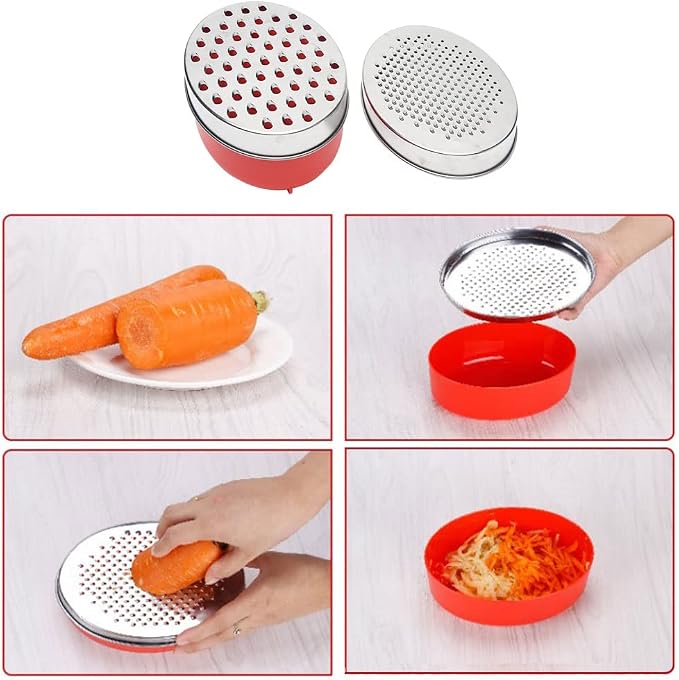 Cheese Grater with Container and Lid, Stainless Steel Grater Box Set, 7.09 x 2.76 in, Red, 2 Blades, Multi Purpose Kitchen Grater for Cheese, Vegetables, Ginger and Citrus