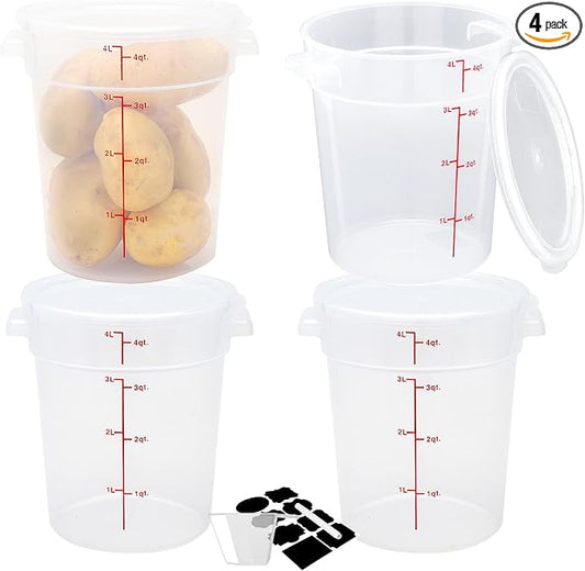 BIEAMA 4 Pack 4 Qt Round Food Storage Containers with Lids, Translucent PP | Include lids, labels, measuring cups and containers with capacity markings for food prep, pantry storage and dough proofing.