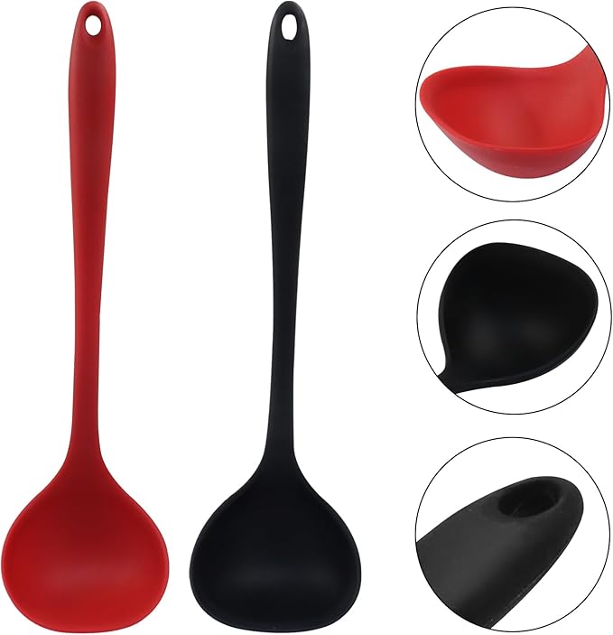 Jiozermi 2 Pcs Silicone Soup Ladle, 12-Inch Long Handle Ladle Spoon, Heat Resistant up to 600°F, Nonstick & Seamless Design for Easy Cooking and Serving, Durable and Easy to Clean