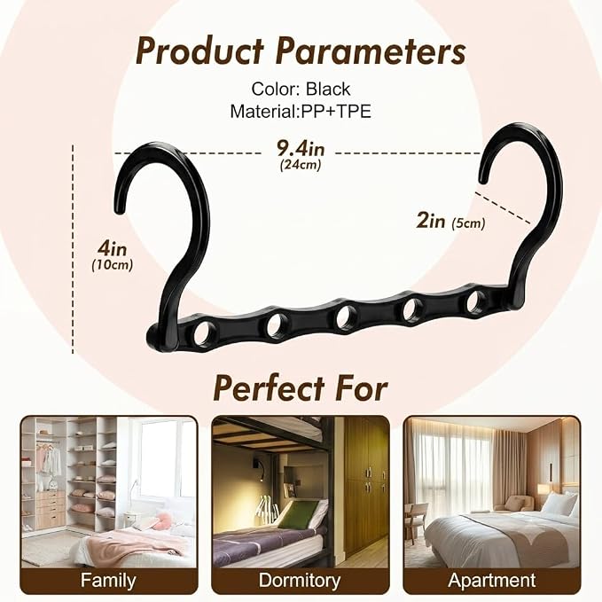 HOUSE DAY 10 Pack Space Saving Hangers, Black, Premium Smart Hanger, Closet Organizers and Storage, Sturdy Cascading Hangers with 5 Holes for Heavy Clothes, College Dorm Room Essentials