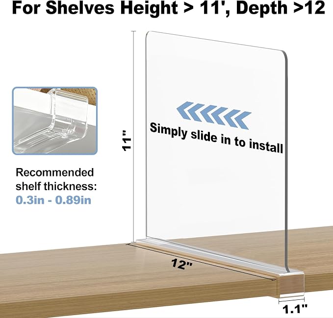 Purse Organizer for Closet Shelf Dividers: 11-inch Tall (Higher Version) Adjustable Clear Acrylic Bag Storage Organizer for Handbags, Sweaters, Towels, Jeans and Shoes on Wood Shelves 4-Pack