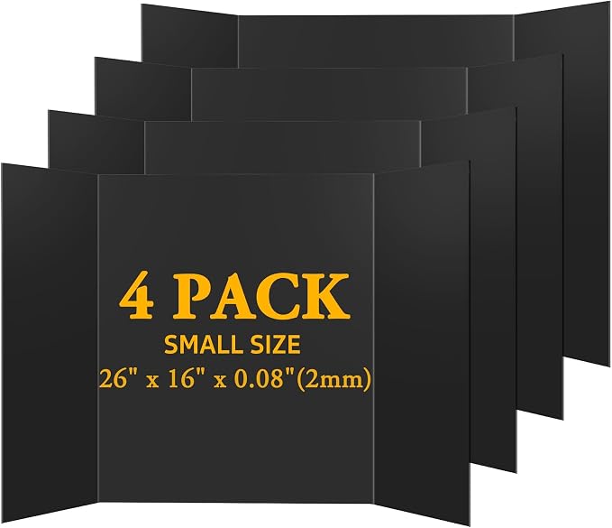 AKONEGE 4PCS Black Trifold Poster Board 26"x16" for Display & Presentation | Small, Corrugated Cardboard, Display Board, Presentation Board, Ideal for School Project, Science Fair, Business Exhibition