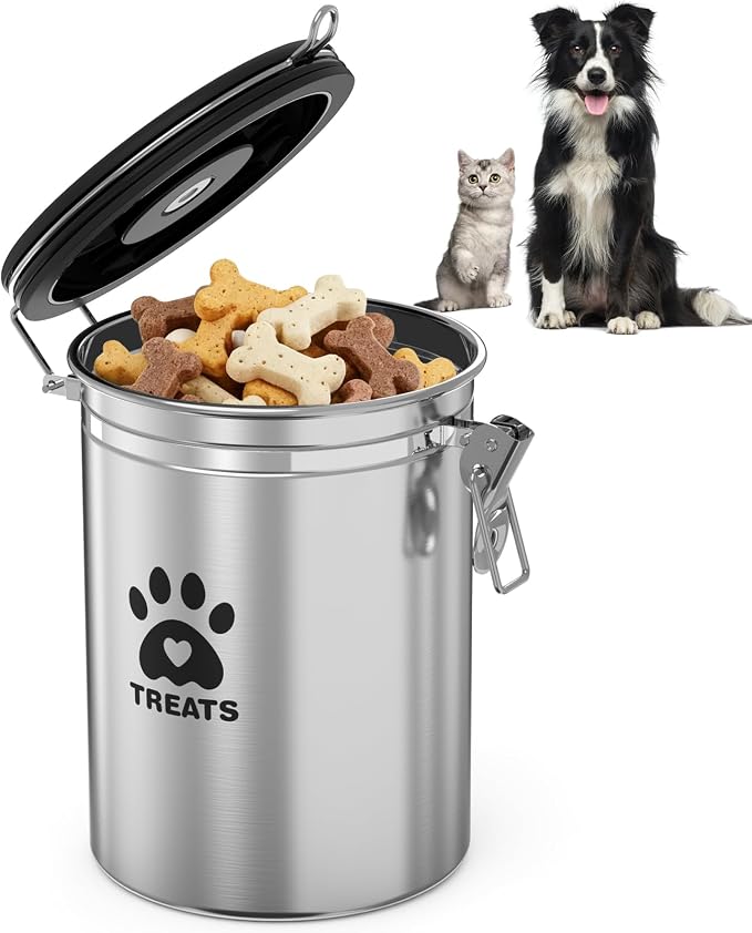 ENONCI Dog Treat Container Airtight- 7.2"x4.7" /1.8L Stainless Steel Cat Treat Jar for Kitchen Counter with Scoop, Pet Storage for Fresh Dog Cookie