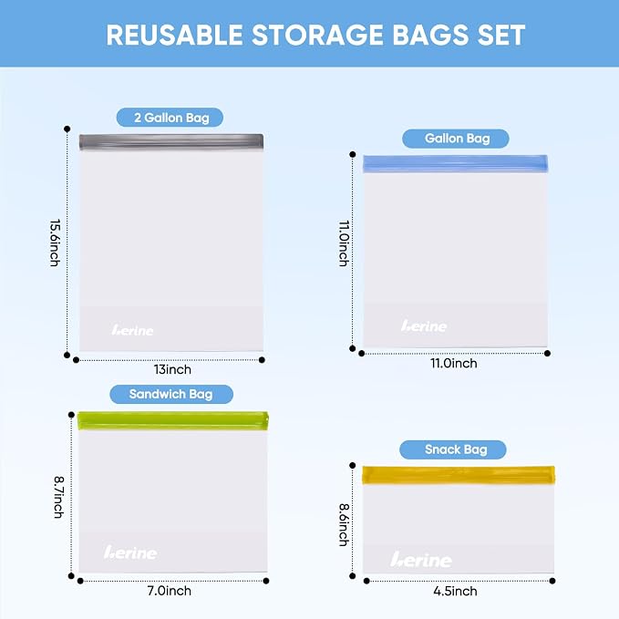 Lerine 10 Pack Stand-Up Reusable Freezer Bags, Leakproof Dishwasher Safe Food Storage Bags, BPA Free Reusable Gallon Bags for Marinating, Meal Prep (Multicolor, 3 Gallon 4 Sandwich 3 Snack)