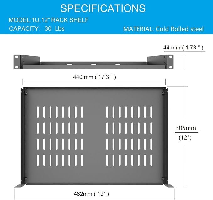 2 Pcs of 1U Universal Server Rack Shelf, 12" Deep | Vented Cantilever Rack Mount Tray for 19" Networking Cabinet or Server Rack, Black 2 Pcs (12 inches 2 Pcs)