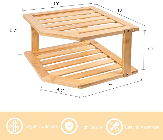 VERTORGAN Bamboo Corner Shelf(3 Pack),2 Tier Plate Organizer for Cabinet and Countertop,Pantry Dish and Spice Rack for Kitchen