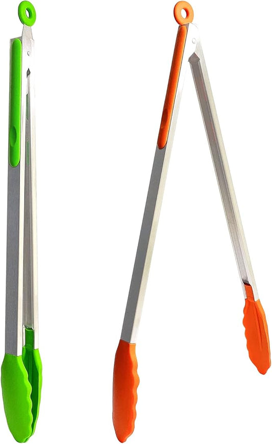 18 inch Extra Long Grill Tongs (1 orange + 1 emerald green), with Silicone Tip Head, Stainless Steel Barbecue Tongs with Long Handle, Large Sized Food Tong, Extended Serving Tong