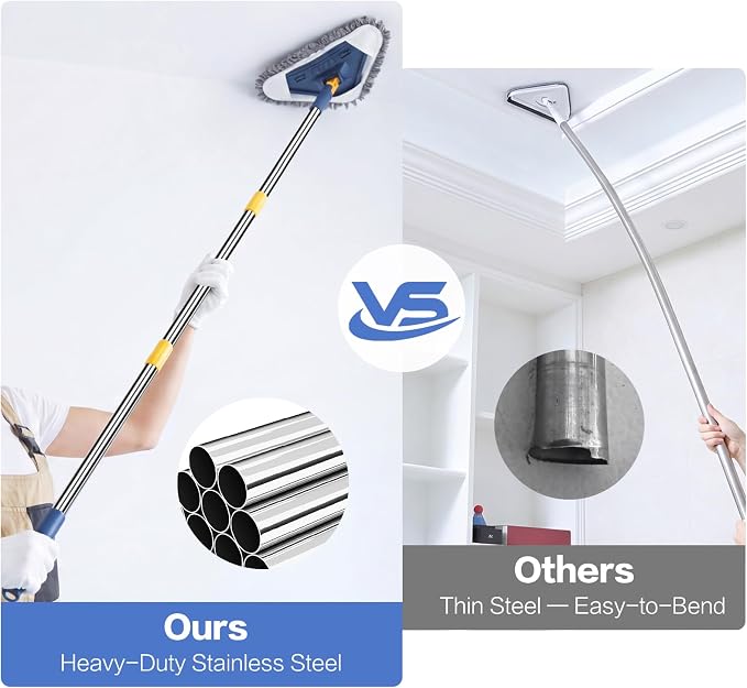 Wall Cleaner Mop, 80" Long Handle, 360° Ceiling Cleaning Tool | 5-in-1 Triangle Wall Mop for Painted Walls, Drywall, Baseboard, with Chenille Microfiber (6 Replacement Pad) Brush Scraper