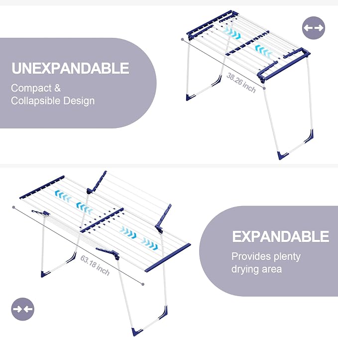 APEXCHASER Clothes Drying Rack, Drying Rack Large Space with 2 Wings | Expandable Design, 4 drying spaces, Spacious Design with 2 Frame Supports, Folds Flat for Storage, Rust-resistant Coating
