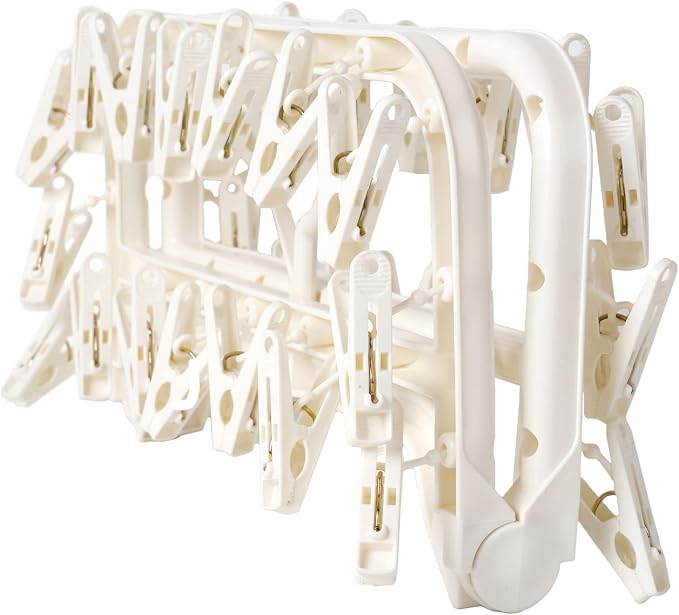 Foshine Foldable Clothes Drying Rack with 32 Drying Clips Wind-Proof Hook | Underwear Hanger Plastic Laundry Clip For Socks Bras White