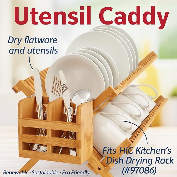 HIC Kitchen Bamboo Dish Rack Caddy, Natural Bamboo, Drying Organizer | Stainless Steel Hooks, Fits Rack #97086, Elevated Airflow Design, Fast Water Evaporation, Rinse Clean