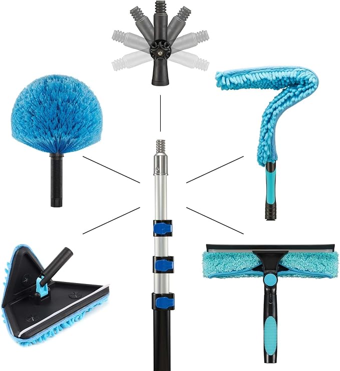 20 Foot Painted Wall Cleaner Mop with 12 Ft Heavy Duty Extension Pole, 3-in-1 High Ceiling Cleaning Tool with 4 Microfiber Chenille Pad, Cobweb Duster, Fan, Baseboard, Window Squeegee Kit (12ft)