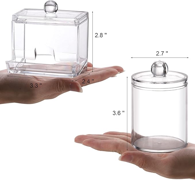Tbestmax Plastic Qtips Holder Bathroom Container, 10/7 OZ Cotton Ball/Swabs Dispenser, Apothecary Jar Organizer for Storage 3 Pcs