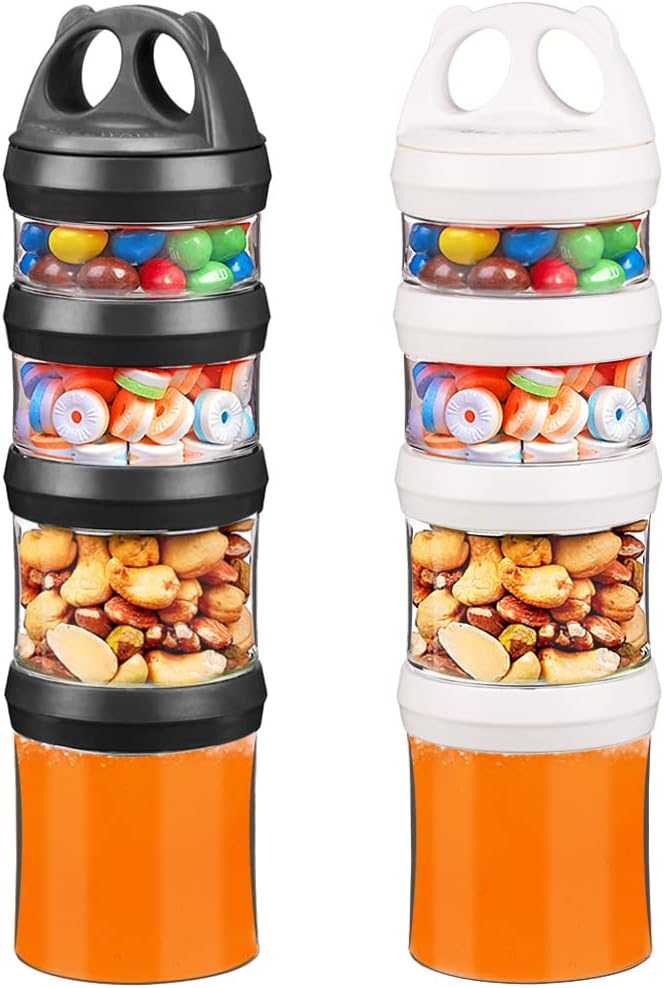 SELEWARE Stackable Snack Containers for Kids Toddlers Adults, Black & White | Portable Food Storage Containers for Snacks Formula Powder Drinks and Travel, Twist Lock System Airtight Leak-proof BPA Free