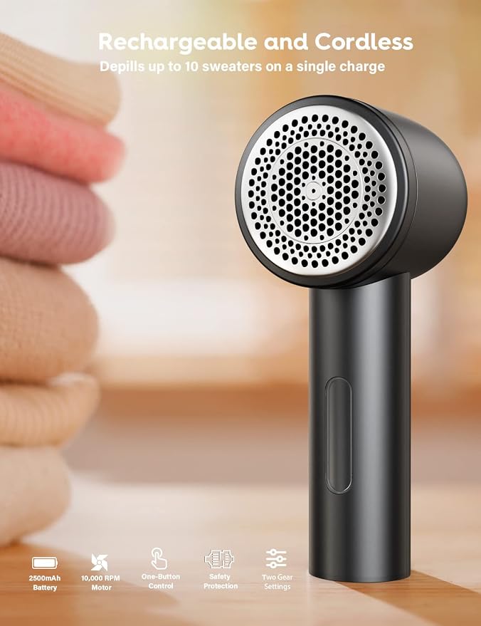 VASSON Fabric Shaver, Electric Lint Remover Rechargeable, Lint Shaver, Sweater Shavers to Remove Pilling, Sweater Defuzzer, Depillers for Clothes, Furniture (Dark Grey) | Wide Shaving Head & High-Capacity Dustbin with Long-Lasting Battery
